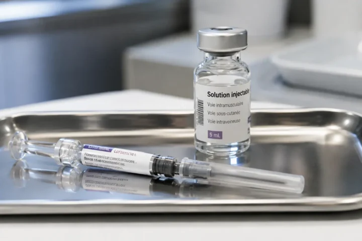 Seringue préremplie et fiole de médicament injectable sur un plateau