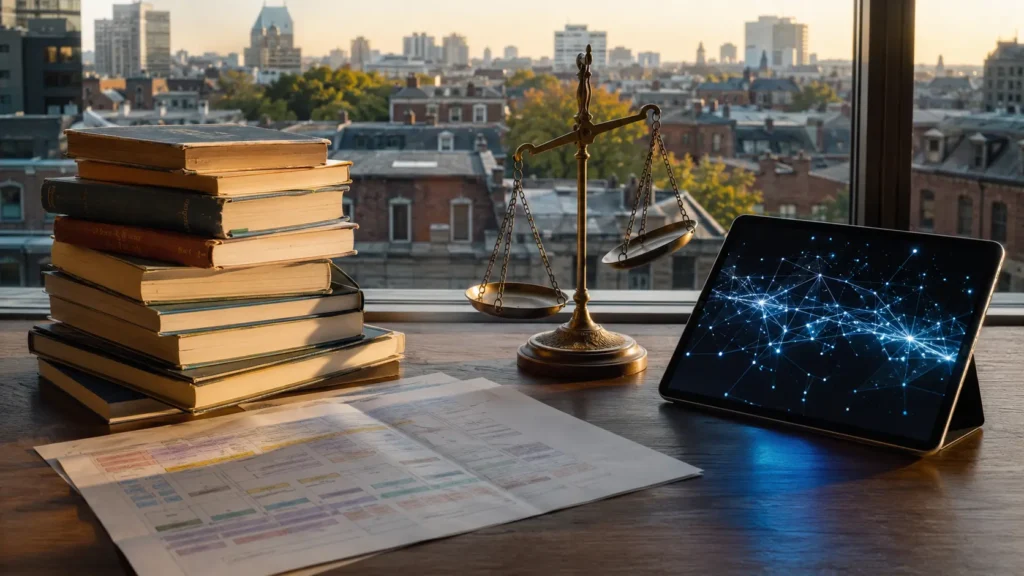 Manuels scolaires usés et tablette lumineuse sur un bureau devant une fenêtre