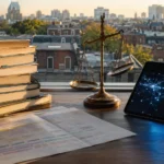 Manuels scolaires usés et tablette lumineuse sur un bureau devant une fenêtre