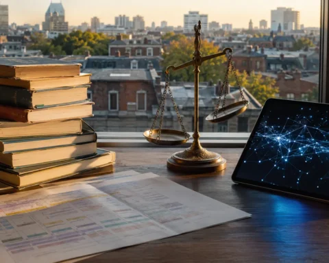 Manuels scolaires usés et tablette lumineuse sur un bureau devant une fenêtre
