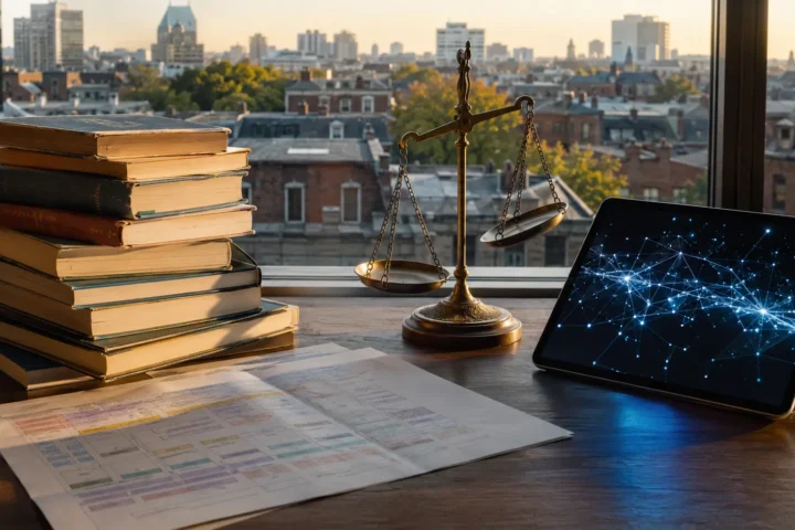 Manuels scolaires usés et tablette lumineuse sur un bureau devant une fenêtre
