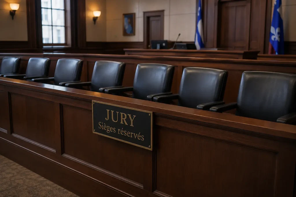 Bancs vides réservés au jury dans une salle d'audience