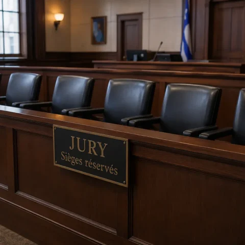 Bancs vides réservés au jury dans une salle d'audience
