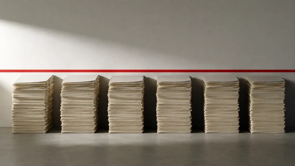 Piles de documents identiques alignées sous un repère horizontal rouge