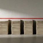 Piles de documents identiques alignées sous un repère horizontal rouge