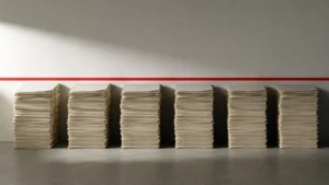 Piles de documents identiques alignées sous un repère horizontal rouge