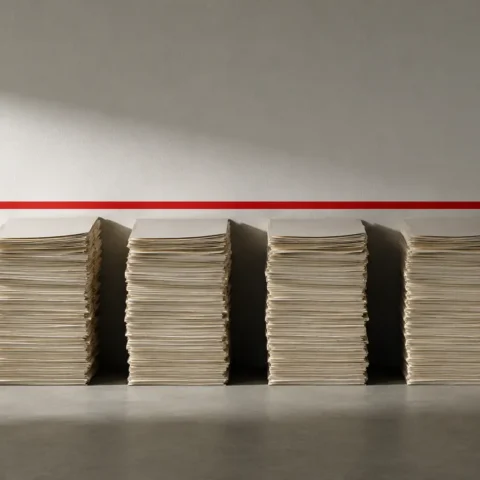 Piles de documents identiques alignées sous un repère horizontal rouge