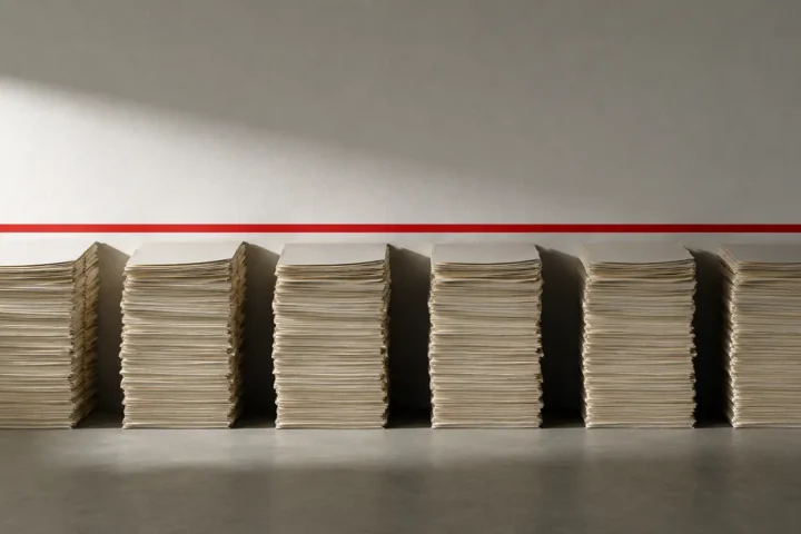 Piles de documents identiques alignées sous un repère horizontal rouge
