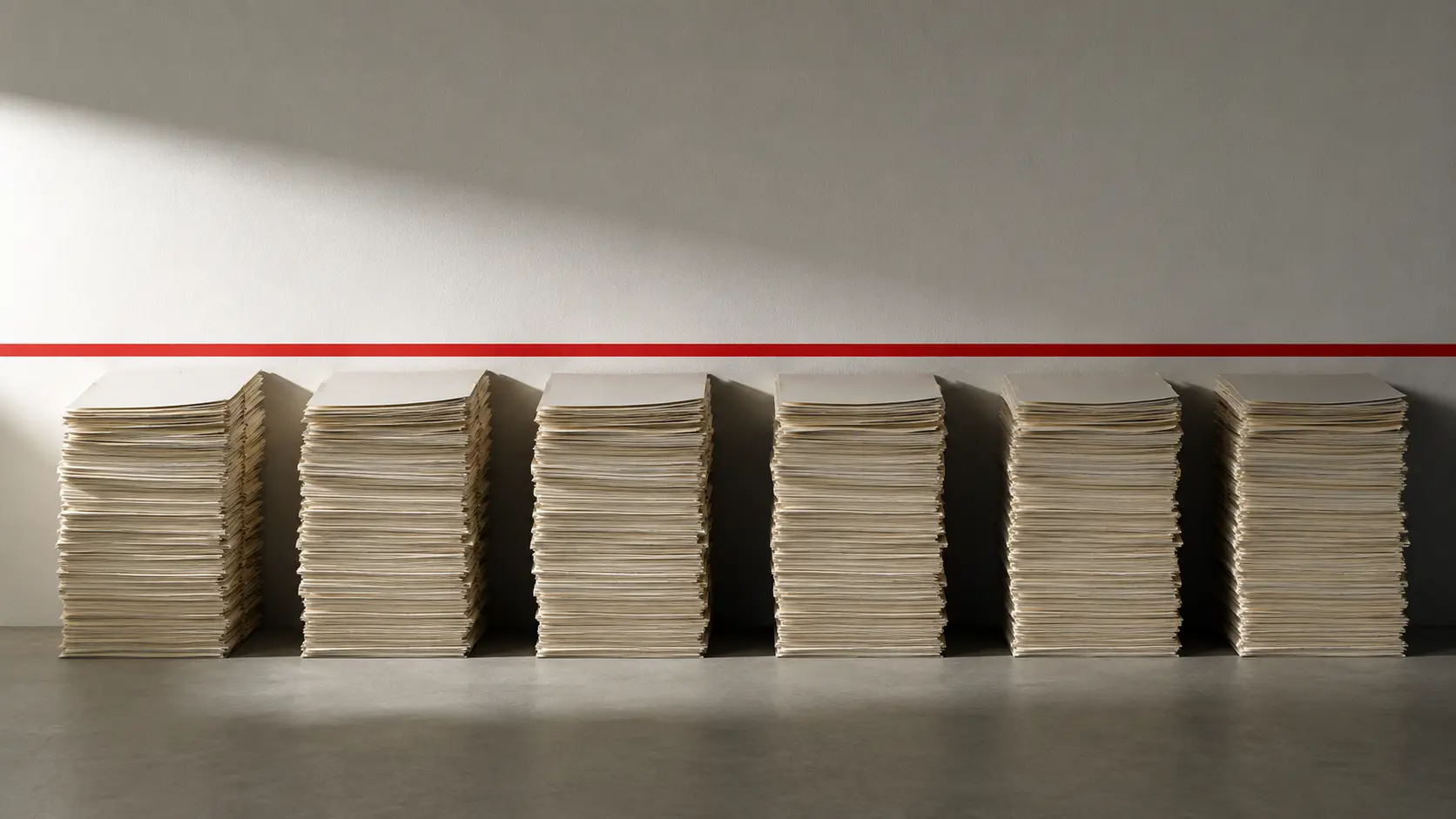 Piles de documents identiques alignées sous un repère horizontal rouge