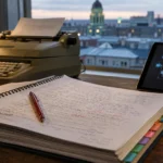 Cartable de plans de cours et machine à écrire sur un bureau de cégep