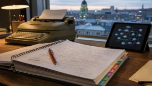 Cartable de plans de cours et machine à écrire sur un bureau de cégep