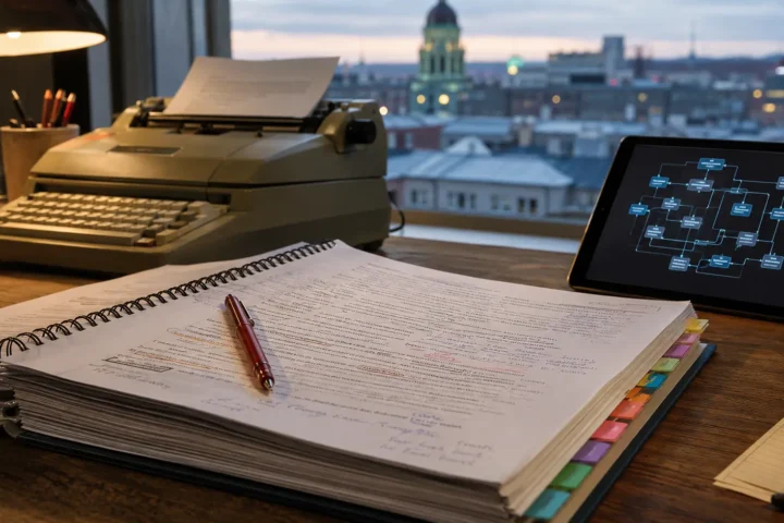 Cartable de plans de cours et machine à écrire sur un bureau de cégep