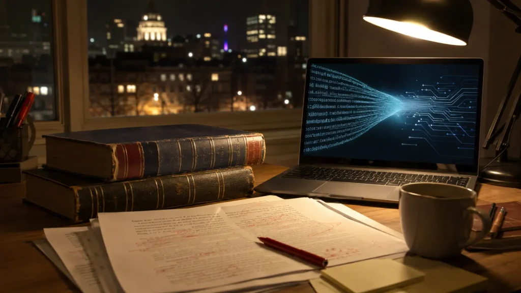 Dictionnaires empilés et écran lumineux sur un bureau de travailleur autonome