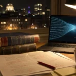 Dictionnaires empilés et écran lumineux sur un bureau de travailleur autonome