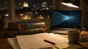 Dictionnaires empilés et écran lumineux sur un bureau de travailleur autonome