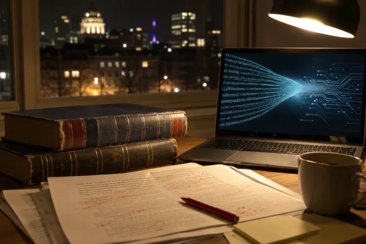 Dictionnaires empilés et écran lumineux sur un bureau de travailleur autonome