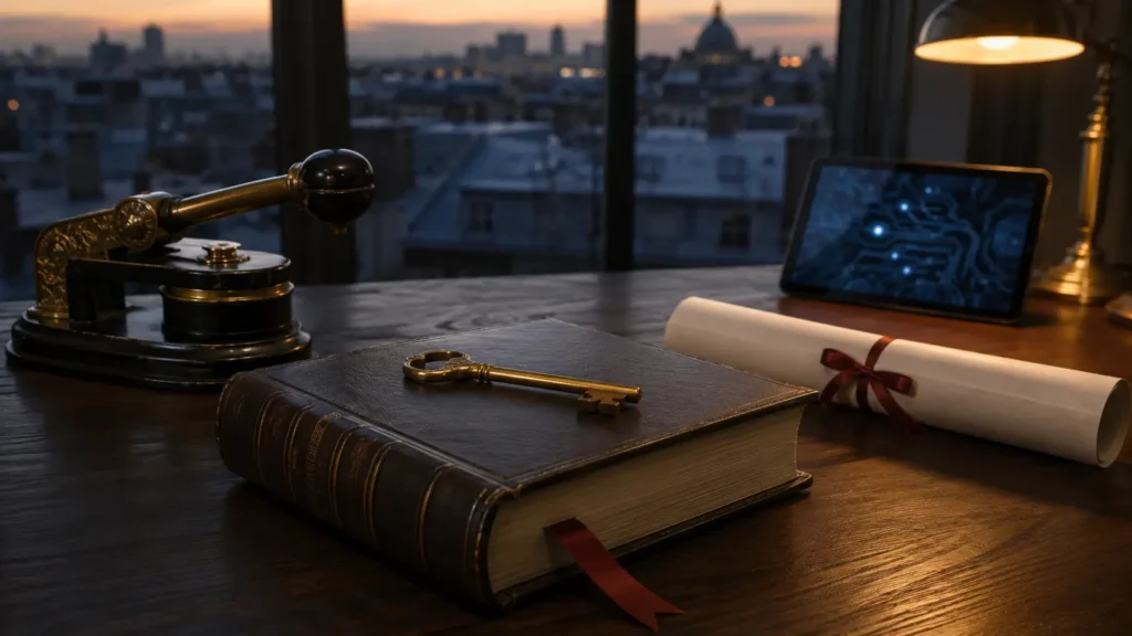Sceau officiel, code juridique relié et diplôme encadré sur un bureau