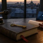 Sceau officiel, code juridique relié et diplôme encadré sur un bureau
