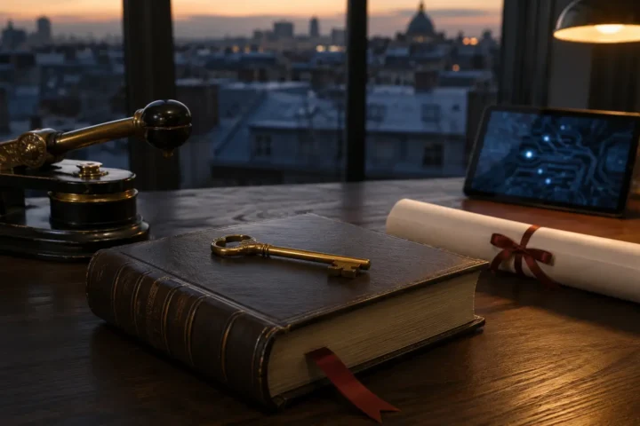 Sceau officiel, code juridique relié et diplôme encadré sur un bureau