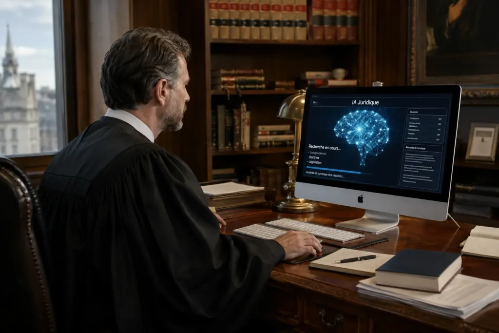 avocat en toge noire, assis à son bureau en bois ancien, et il travail sur son ordinateur Imac où l'on voit à l'écran une IA au travail