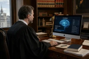 avocat en toge noire, assis à son bureau en bois ancien, et il travail sur son ordinateur Imac où l'on voit à l'écran une IA au travail