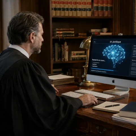 avocat en toge noire, assis à son bureau en bois ancien, et il travail sur son ordinateur Imac où l'on voit à l'écran une IA au travail