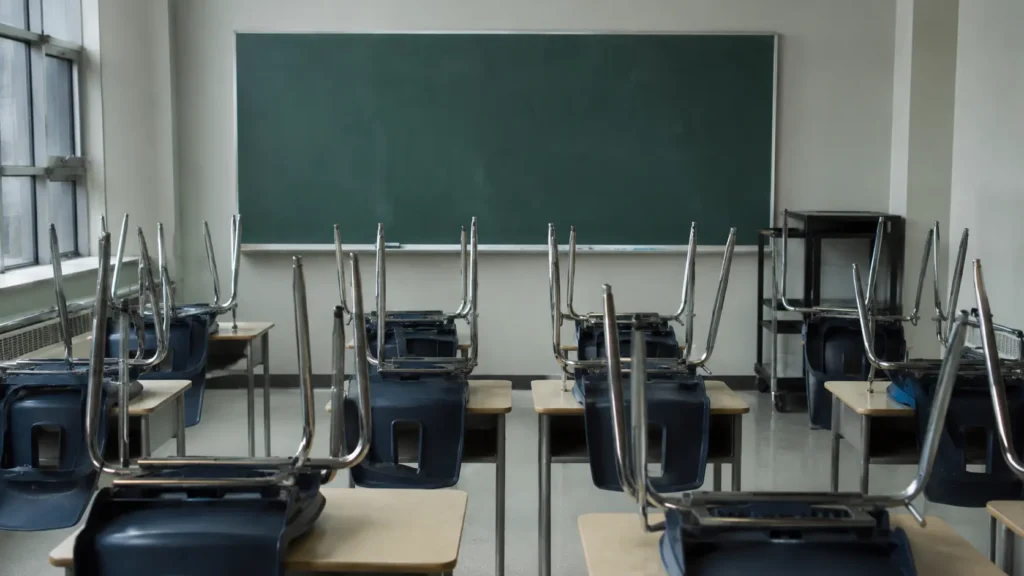 Classe vide, chaises empilées sur les pupitres devant un tableau effacé