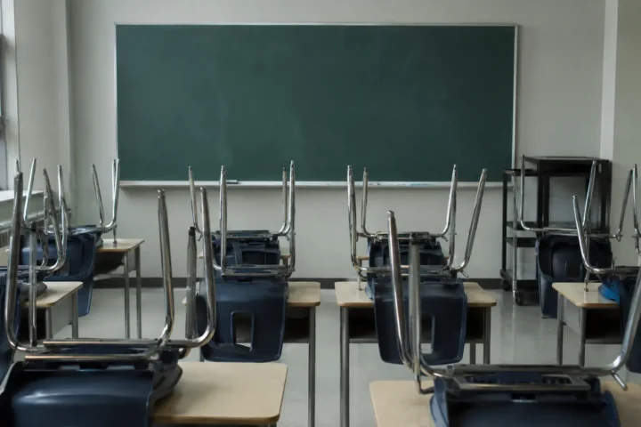 Classe vide, chaises empilées sur les pupitres devant un tableau effacé