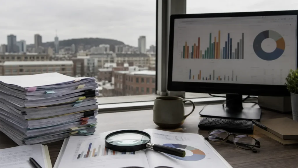 Rapports empilés et écran affichant des graphiques devant une fenêtre