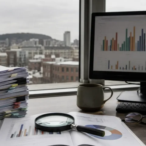 Rapports empilés et écran affichant des graphiques devant une fenêtre