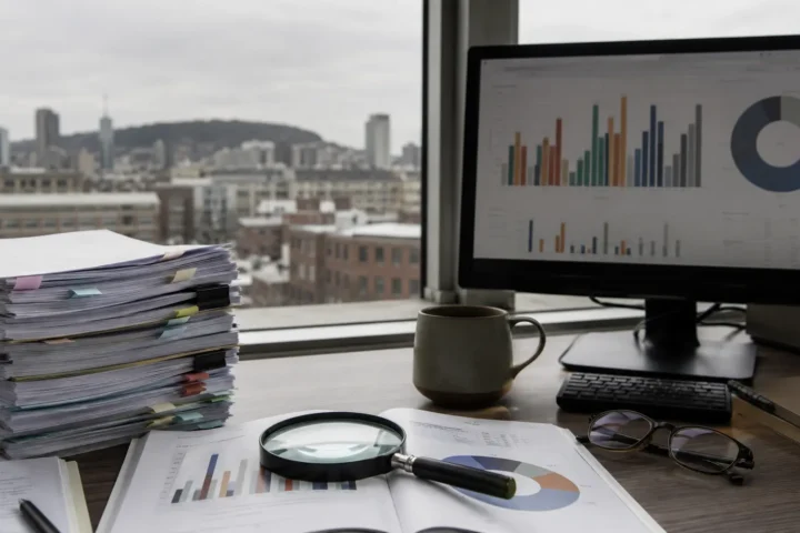Rapports empilés et écran affichant des graphiques devant une fenêtre