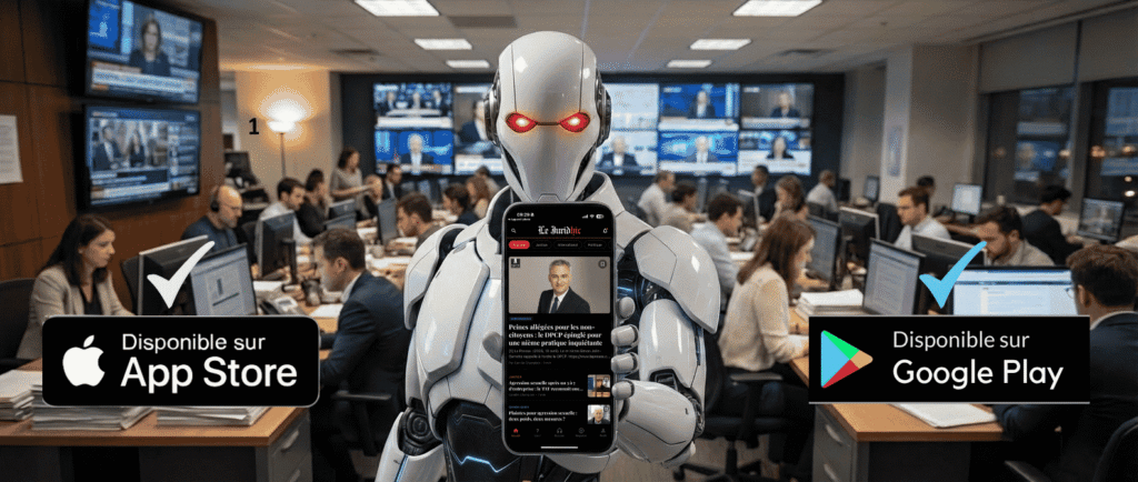 Un robot humanoïde blanc qui tend un téléphone intelligent avec la main gauche dans une salle de rédaction d'un journal