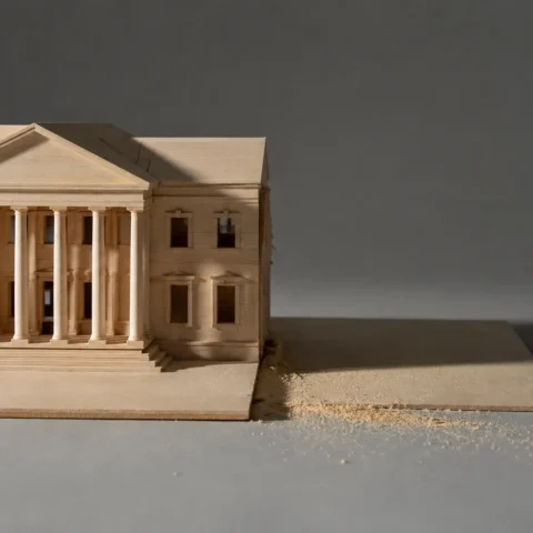 Maquette d'architecte d'un bâtiment néoclassique symétrique dont une aile a été retirée