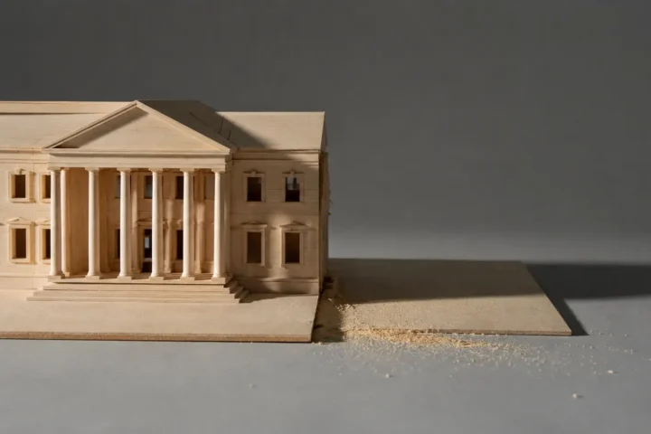 Maquette d'architecte d'un bâtiment néoclassique symétrique dont une aile a été retirée