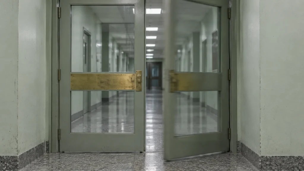 Deux portes battantes vitrées dans un corridor institutionnel vide