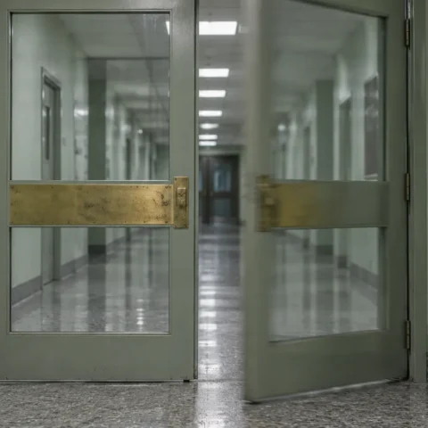 Deux portes battantes vitrées dans un corridor institutionnel vide