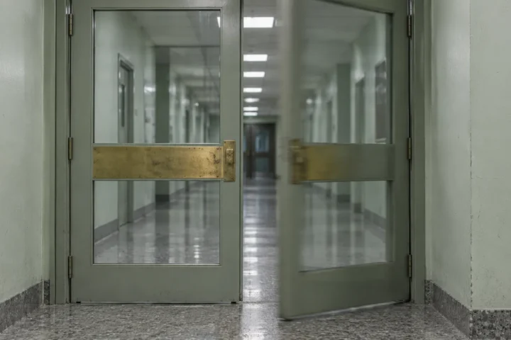 Deux portes battantes vitrées dans un corridor institutionnel vide