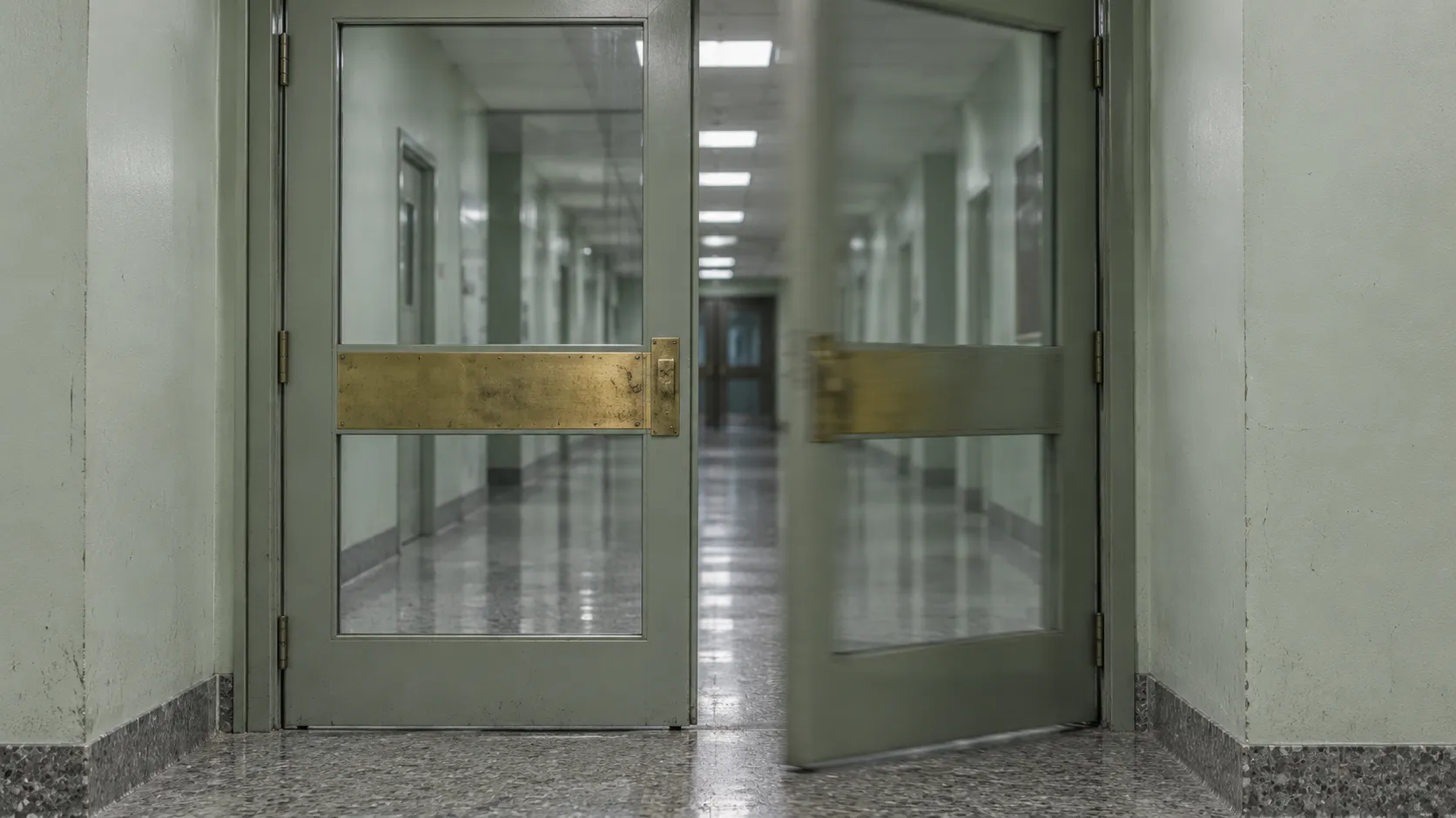 Deux portes battantes vitrées dans un corridor institutionnel vide
