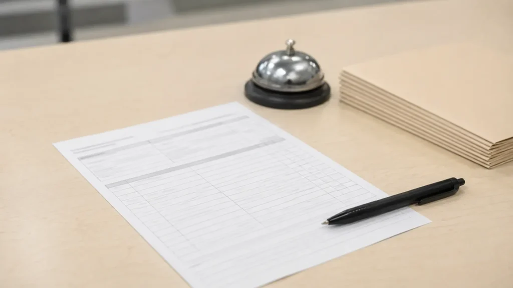 Rôle d'audience imprimé et stylo posés sur un comptoir de greffe