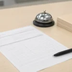 Rôle d'audience imprimé et stylo posés sur un comptoir de greffe