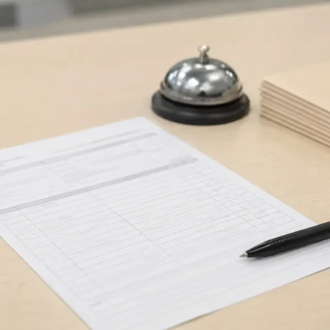 Rôle d'audience imprimé et stylo posés sur un comptoir de greffe