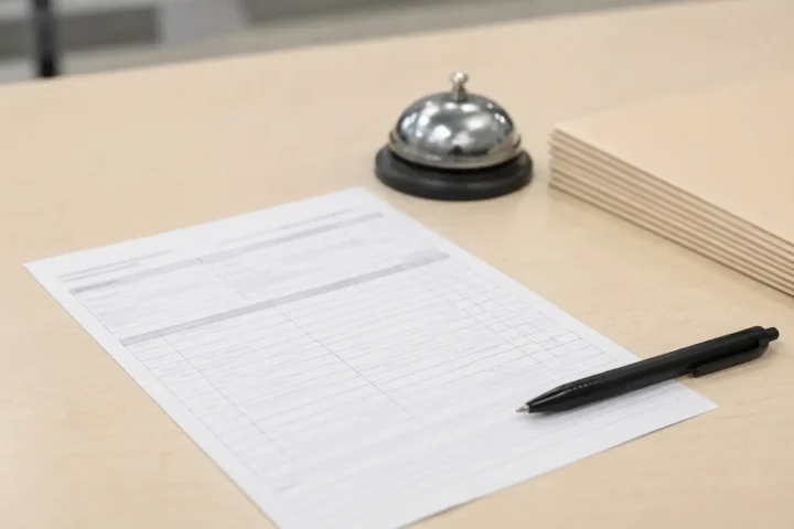 Rôle d'audience imprimé et stylo posés sur un comptoir de greffe