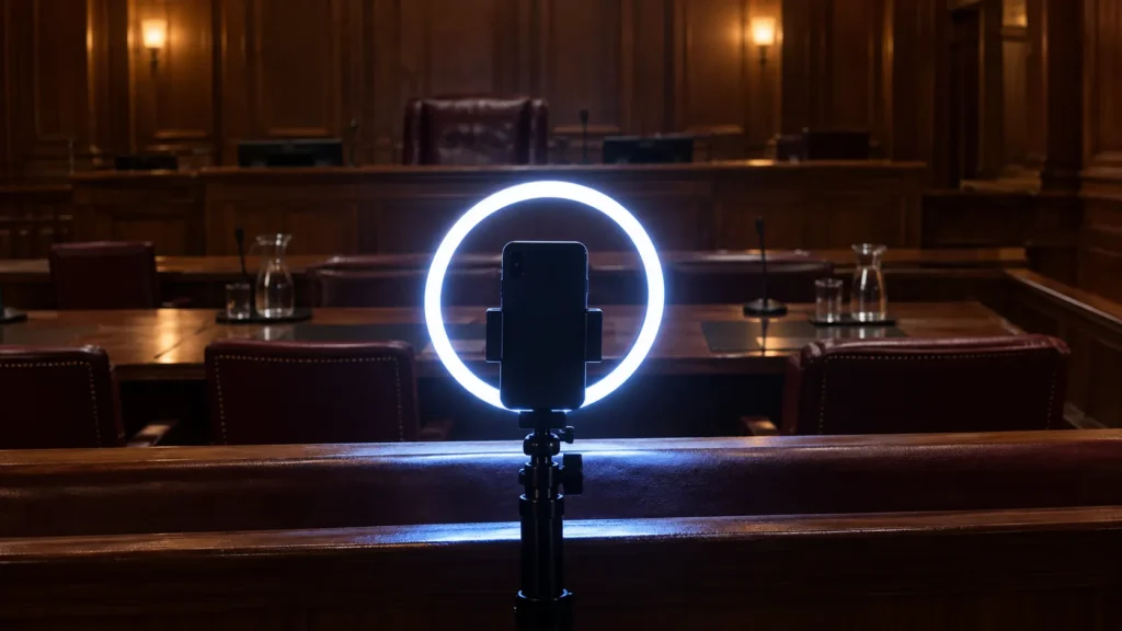 Téléphone monté sur un anneau lumineux allumé face à une salle d'audience vide