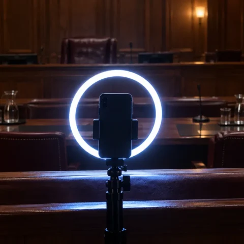 Téléphone monté sur un anneau lumineux allumé face à une salle d'audience vide