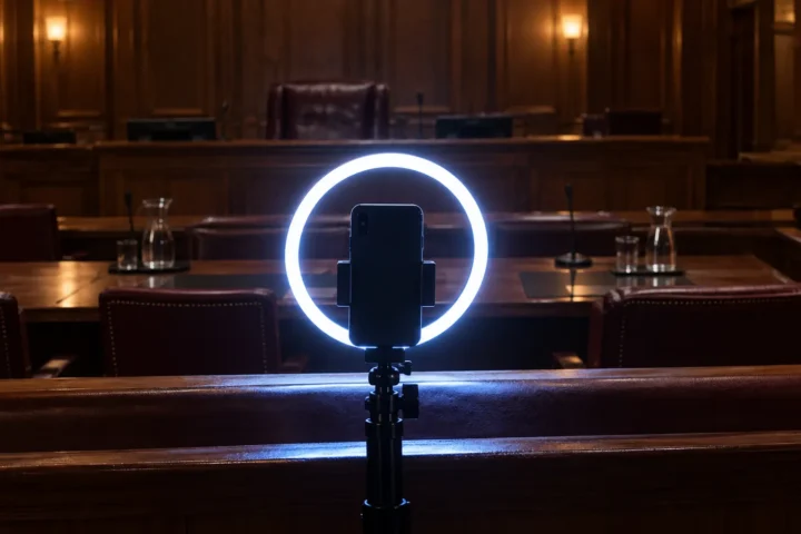 Téléphone monté sur un anneau lumineux allumé face à une salle d'audience vide