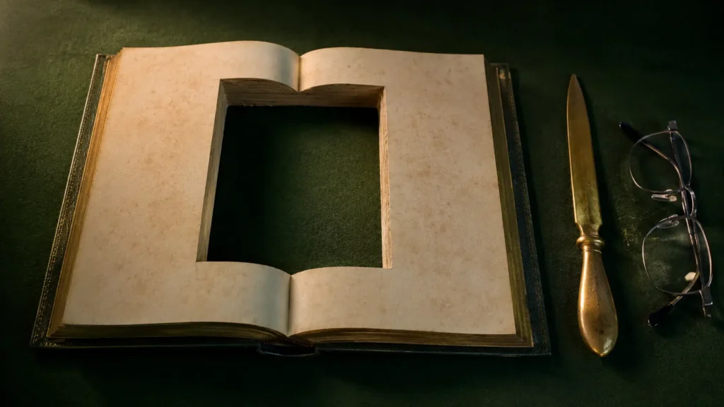 Vieux recueil de lois ouvert dont une section rectangulaire a été découpée dans les pages