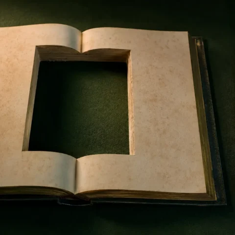 Vieux recueil de lois ouvert dont une section rectangulaire a été découpée dans les pages