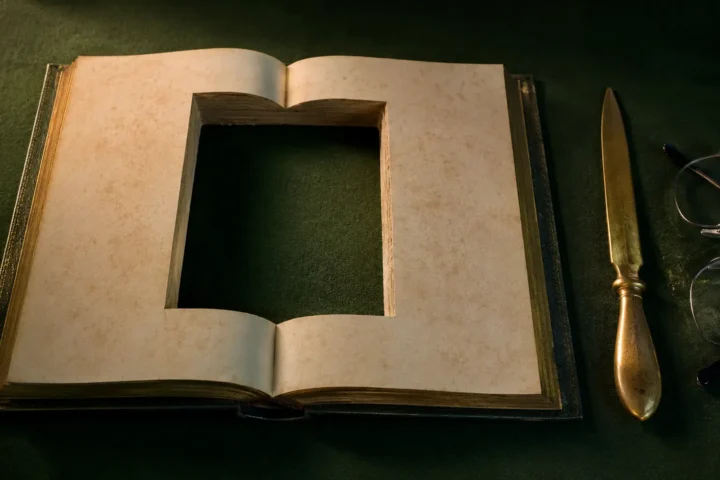 Vieux recueil de lois ouvert dont une section rectangulaire a été découpée dans les pages