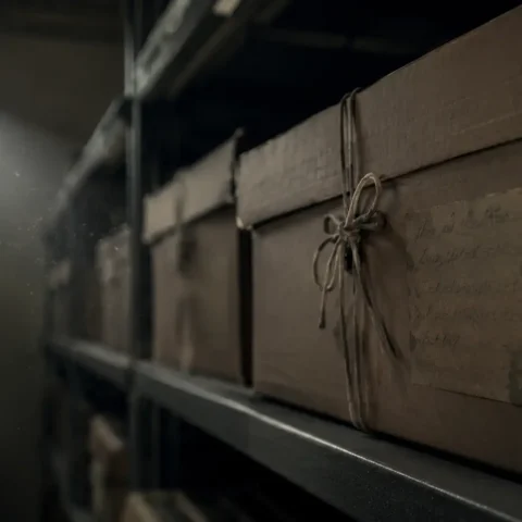 Boîte d'archives scellée sur une étagère métallique dans une salle de classement sombre