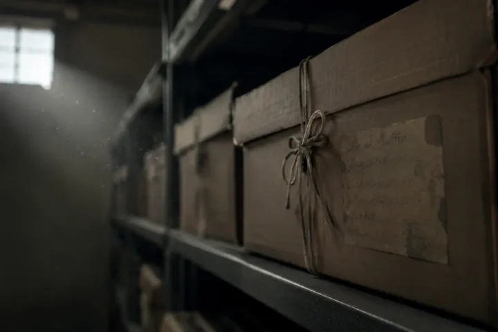 Boîte d'archives scellée sur une étagère métallique dans une salle de classement sombre